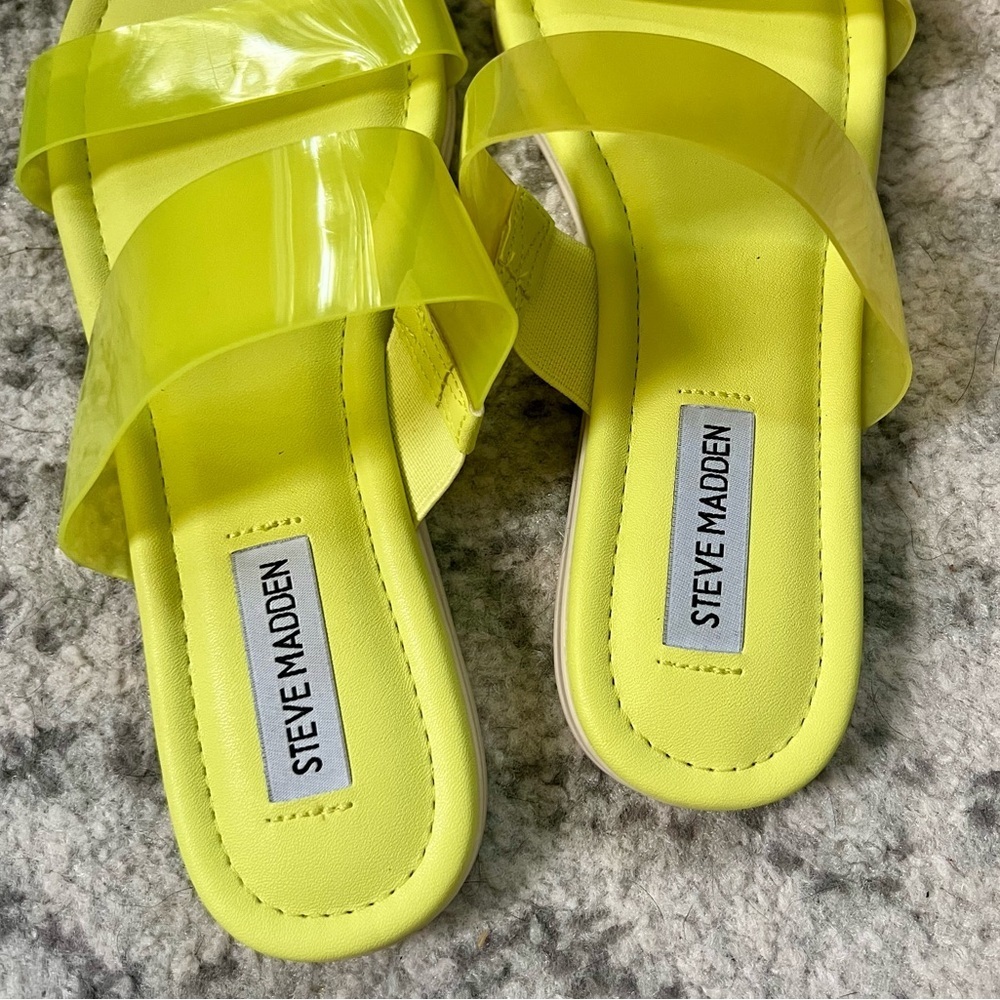 Steve Madden Greer Double Strap Sandals Green Yellow Slides - Picture 13 of 15